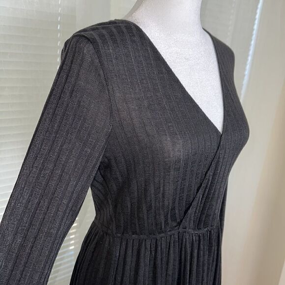 CUPSHE M Black V-Neck Long Sleeve Knit Ribbed Swim Cover-up Ruffle Dress - Picture 8 of 14
